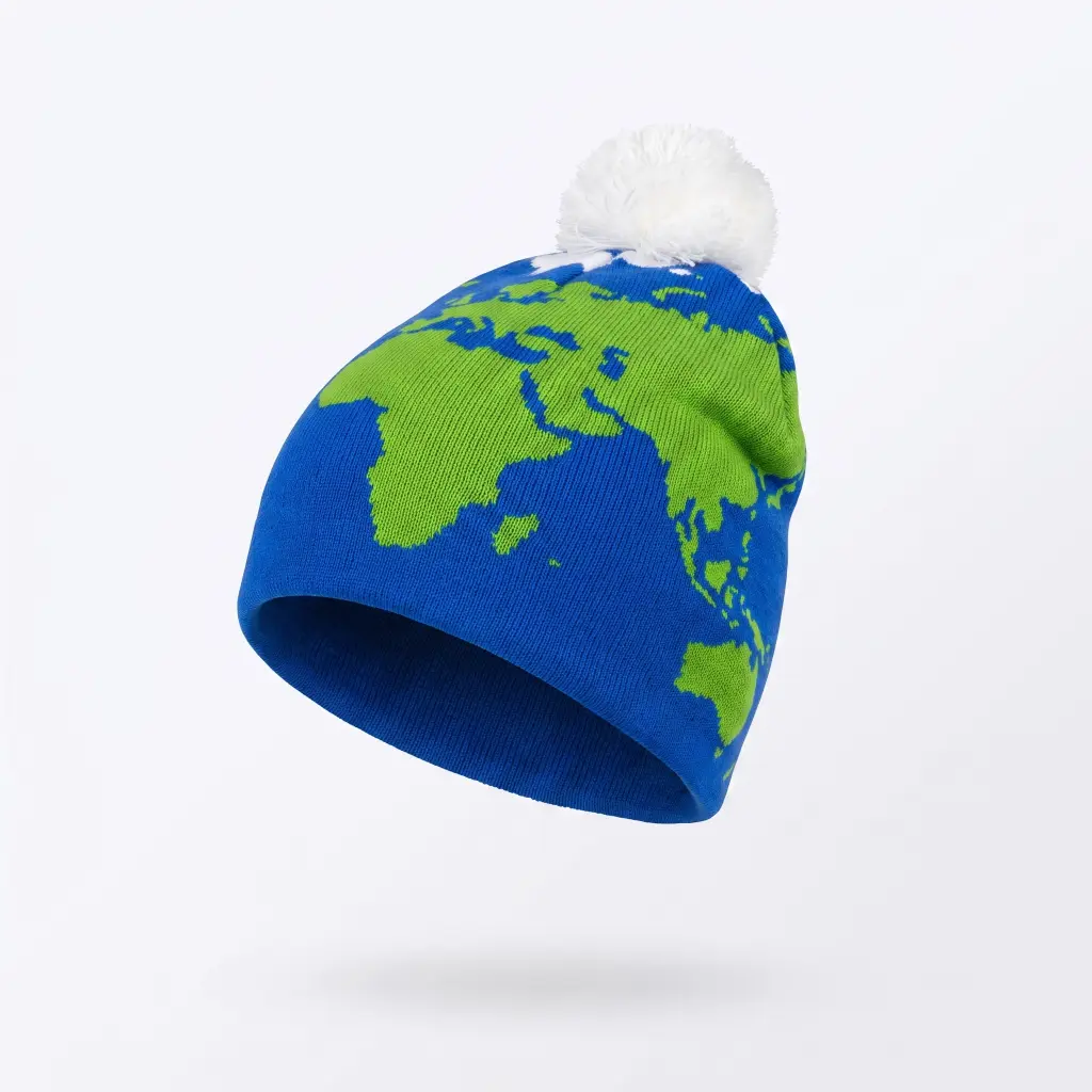 Small Batch Globe Print Earth Beanie, Playful Look Design with North Pole Pom