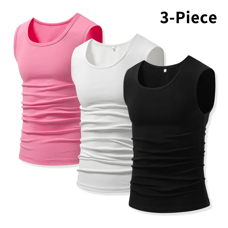 Men's 3-Piece Minimalist Slim-Cut Crewneck Sleeveless Cotton Blend Tank Tops, All-Season Base Layer for Fitness, Running