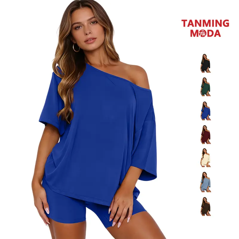 TanmingModa Loose Fit Off The Shoulder 2 Piece Outfits for Women Soft Ribbed Summer Loungewear Set with Shorts & Short Sleeve Tee Springtok