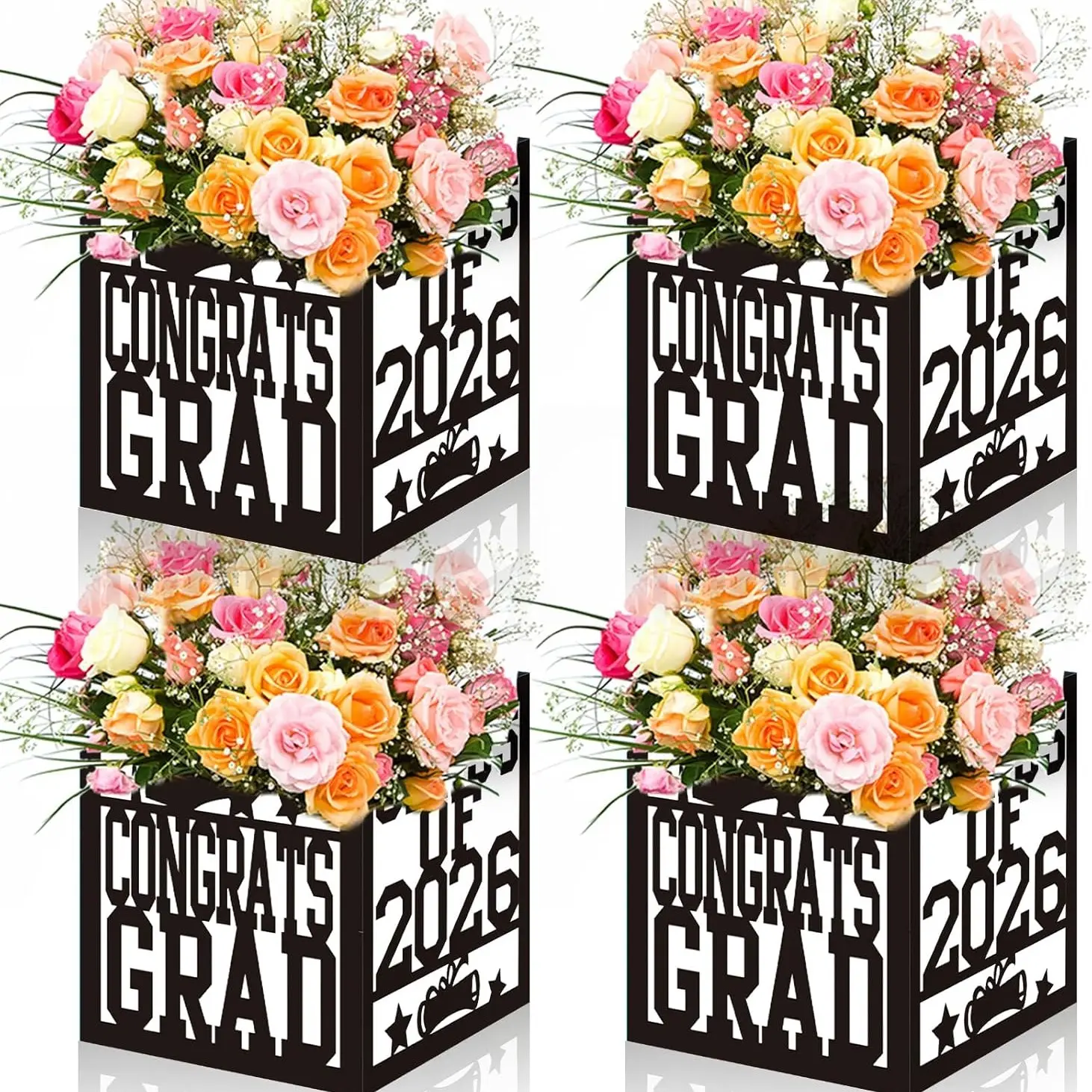 4-piece set, graduation ceremony center decoration box, laser engraved text 'Congratulations to the 2026 graduates', suitable as a graduation party gift, Party decoration supplies, Party Decor Design, with dimensions of 7x7x7.5 inches, Excluding flowers