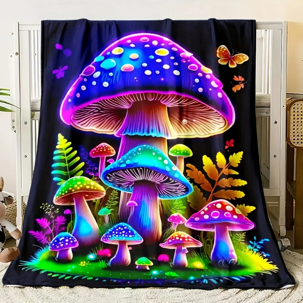 Vibrant Neon Mushroom Print Flannel Throw – Soft Lightweight All-Season Blanket for Sofa, Bed & Travel, Unique Decor Gift for Women