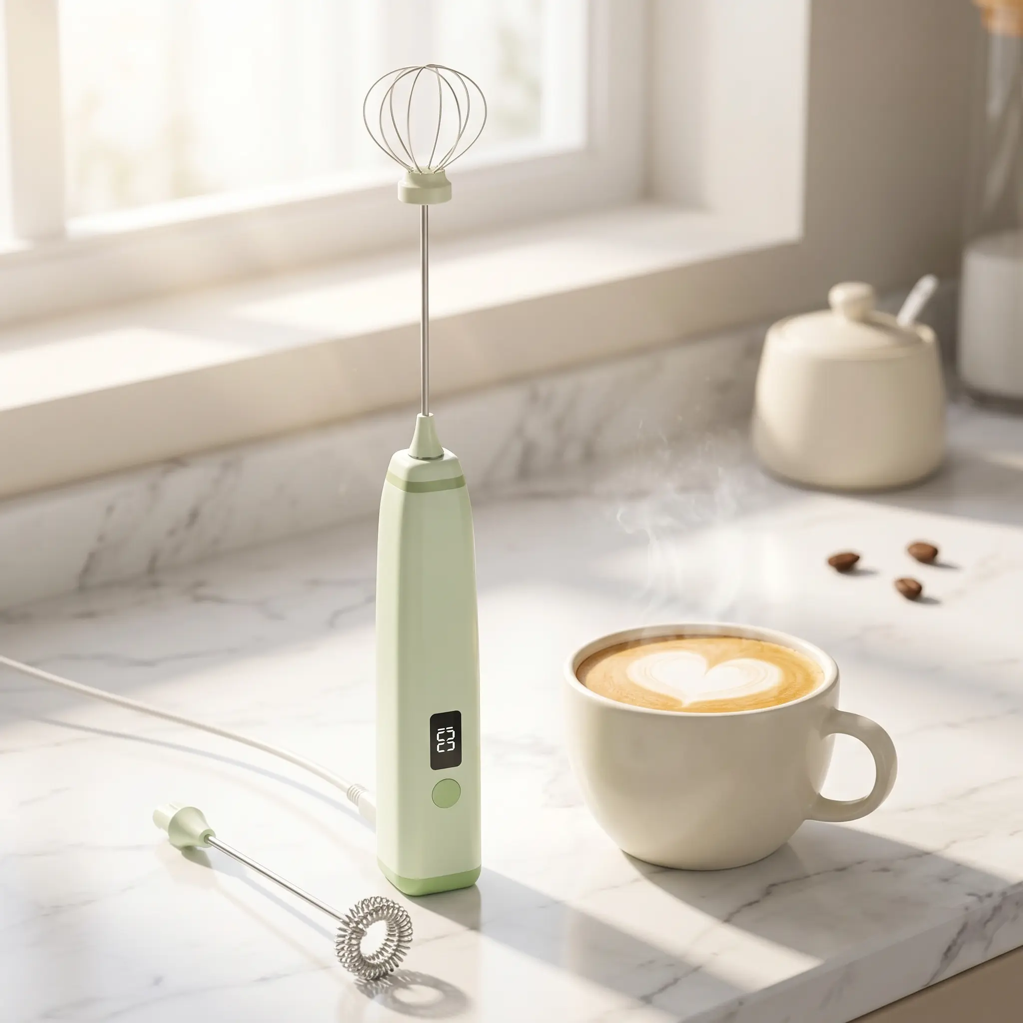 Electric Handheld Milk Frother - Battery Powered Hand Mixers, 3-Speed Frothing Wand, 5W 8000rpm Max, 1200mAh 5V USB Rechargeable, 2 Stainless Heads, Compact Grip Fits in Hand, Quick Rinse Eco-Friendly Kitchen Gadget for Coffee, Baking