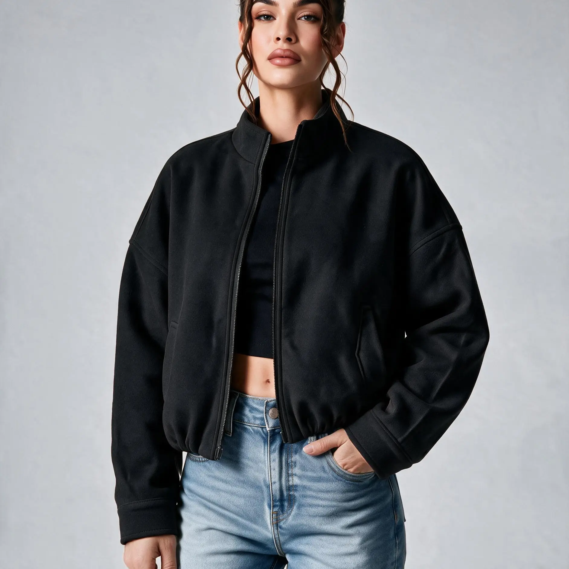 ZEAGOO Women's Minimalist Oversized Zip-Front Faux Wool Bomber Jacket - Long-Sleeve Loose-Fit Solid Outerwear with Patch Pocket, Machine Made Women's Casual Jackets, Outer Layer Style for Fall Winter