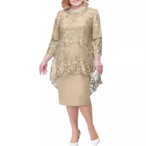 Women's Embroidered Overlay Midi Dress with 3/4 Sleeves