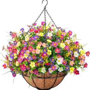 18 pcs Artificial Hanging Flowers with Basket, Faux Silk Flowers in Coconut Lining Basket, Spring Summer Outdoor Decor Fake Hanging Plants for Garden Patio Yard Porch Lawn, Mixed Color