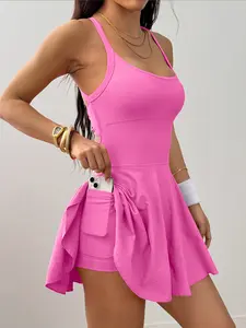 Women's Backless Solid Color Yoga Dress with Side Pockets – Sleeveless Athletic Active Dress with Built-in Shorts for Workout, Tennis & Casual Wear