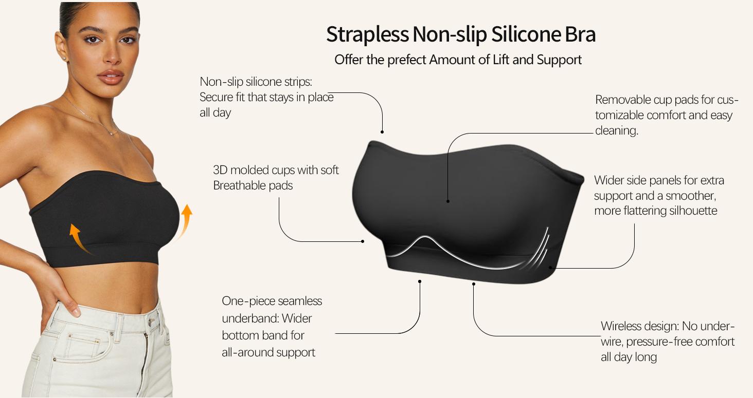 Strapless Bras for Women Wireless Push Up Non-Slip Bandeau Bra Seamless Clear Straps TubeTop Padded Bralette with Silicone Grip and High Elasticity Fabric Strapless Bras for Women Wireless Push Up Non-Slip Bandeau Bra Seamless Clear Straps TubeTop Padded Bralette with Silicone Grip and High Elasticity Fabric