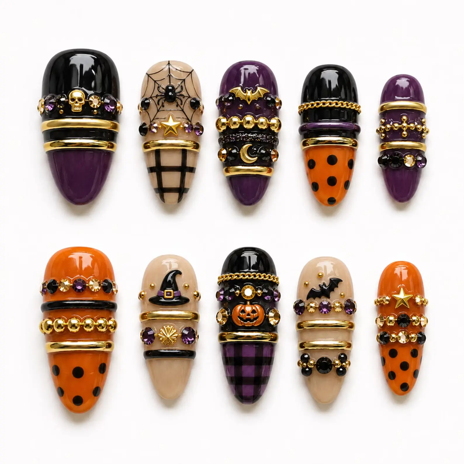 Halloween Witch Pumpkin Spider Web Press On Nails | Purple Orange Spooky Jewelry Nail Art