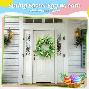 18 Inch Easter Egg Wreath, Artificial Floral Wreath with Flowers and Green Leaves, Spring Front Door Decor, Indoor Outdoor Home Ornament for Easter & Mother's Day