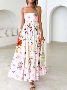 Women's Floral  Print Cami High Waist Dress, Casual Chic Sleeveless Spaghetti Strap Maxi Dress for Summer, Ladies Clothes for Beach Holiday Vacation