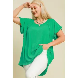 Umgee Full Size Seam Detail Linen Ruffle Fringe Edge Top Plus Size