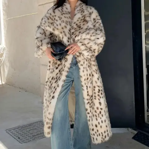 【Black Friday】Women's Leopard Print Faux Fur Coat, Casual Loose Long-Sleeve Waterfall Collar Fuzzy Soft Coat for Fall & Winter, Casual Outerwear for Daily Wear