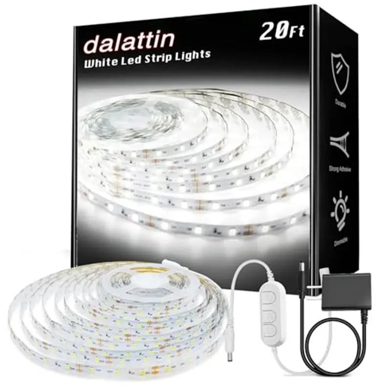 White LED Strip Lights, 20ft Dimmable Super Bright 24V Led Tape Light 6500K 360 LEDs Lights for Bedrooms, Mirror, Kitchen, Home Decoration Daylight White