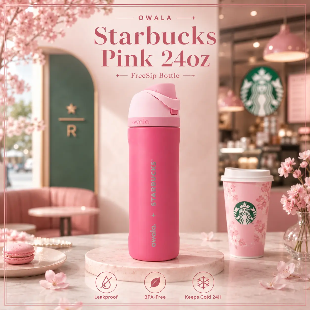 Owala x Starbucks Pink FreeSip 24oz Water Bottle Leakproof Insulated Stainless Steel Travel Bottle Limited Edition Gift