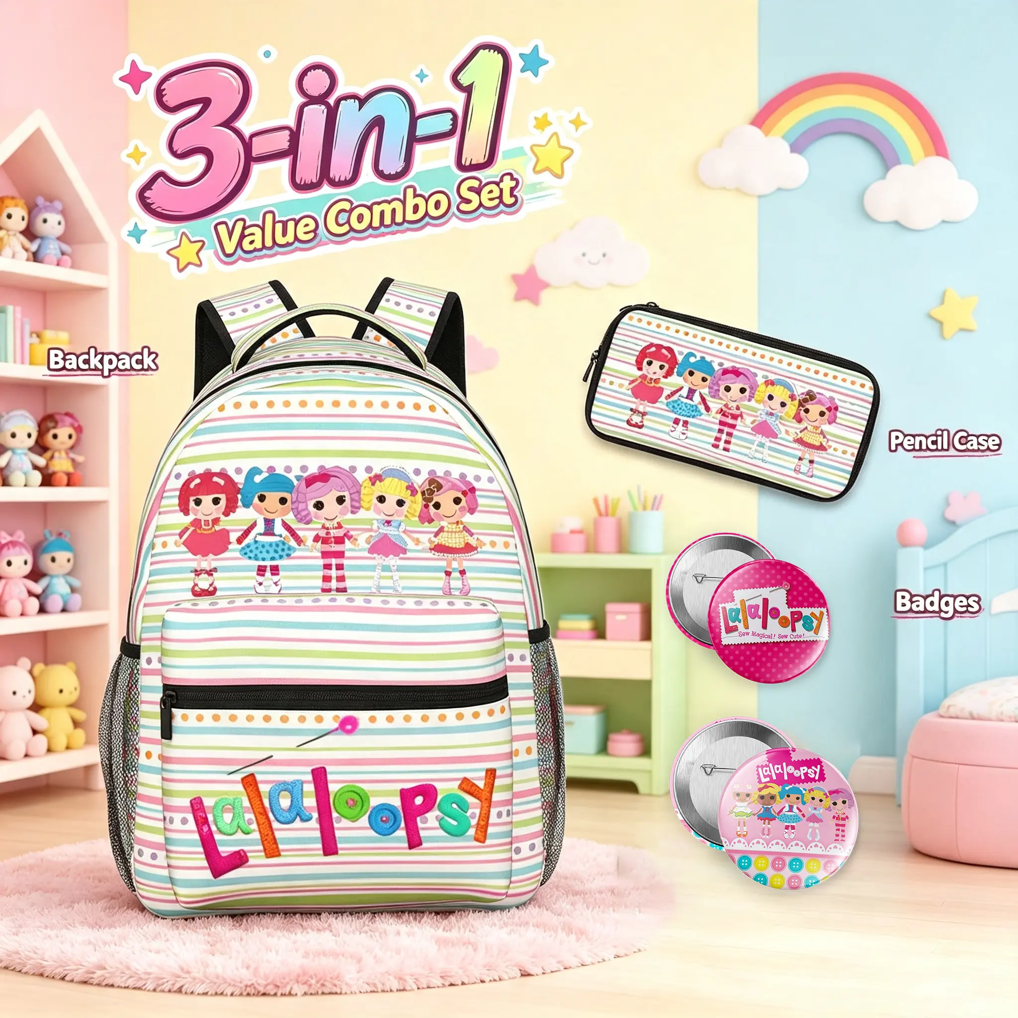 Lalaloopsy Backpack for Teenagers  We're Lalaloopsy Netflix Bookbag with Side Water Bottle Pockets Daily Travel MGA Lalaloopsy Daypack for Travel