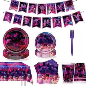 Korean boy's red-themed birthday party supplies: disposable party tablecloths, paper plates, paper cups, and balloons.