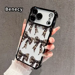 Protective Four Corners Plated Phone Case for iPhone 17 16 Pro Max 15 Plus 14 13 12 11 E Air Leopard - print Bow Patterned Shockproof Transparent Soft Silicone Cover