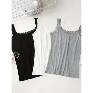 Women's Contrast Lace Sleep Cami Top, Casual Fitted Sleeveless Soft Comfortable Breathable Spaghetti Strap Sleep Top for Daily Wear, Ladies Sleepwear for All Seasons