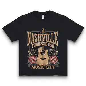 Nashville Tennessee Music City Graphic T-Shirt - Women's Black Washed Tee with Guitar & Floral Print, Round Neck Short Sleeve, Casual Spring/Summer Top, Leisure Apparel | Floral Graphic Tee | Comfortable Fit, Music T Shirts