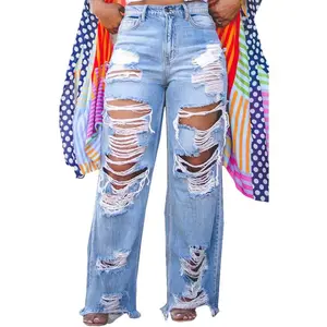 Women's High Waisted Skinny Destroyed Ripped Hole Denim Pants Long Stretch Pencil Jeans Fabric Womenswear