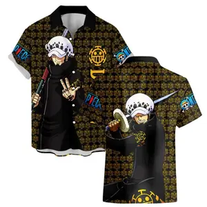 Anime D. Law OP Pattern Hawaiian Shirt, Anime Merch Clothes Unique Gift For Men Women Fans, Summer Vacation Button Up Hawaiian Shirt