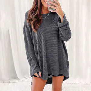 Gray Waffle Knit High Slits Oversized Top - Long Sleeves, Cozy Fabric, Flattering Fit, Solid Color, Trendy Womenswear Blouse
