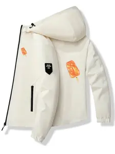 Men's Fashion Jacket with Ice Cream Logo, Stylish Zipper Pockets, Casual Hooded Design, Spring & Fall Wear, Polyurethane Material