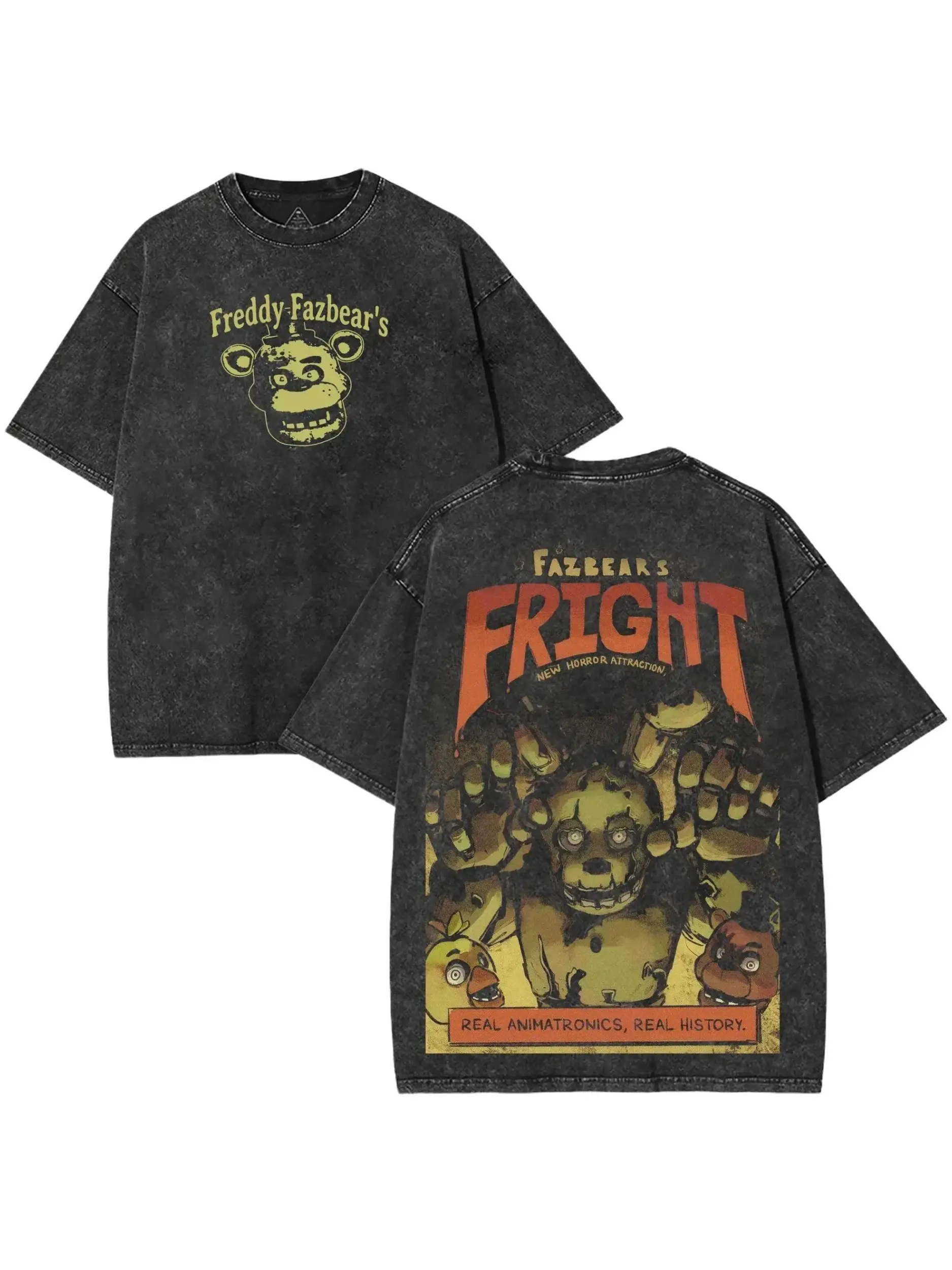 Freddy Fazbear’s x 5 Nights at Freddy’s Men’s Casual Short-Sleeve T-Shirt - Washed Horrorcore Cotton Top, Glitched Mascot Back Art, Oversized Nightshift Fit, Breathable Soft Streetwear