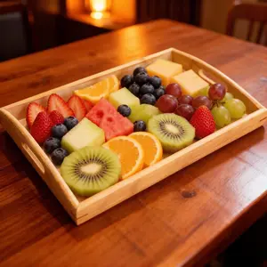 Bamboo Tray with Handle, Decorative Storage Tray for Tea, Snacks, Dinner, Durable Design for Kitchen and Bathroom Use, Household Fruit Plate