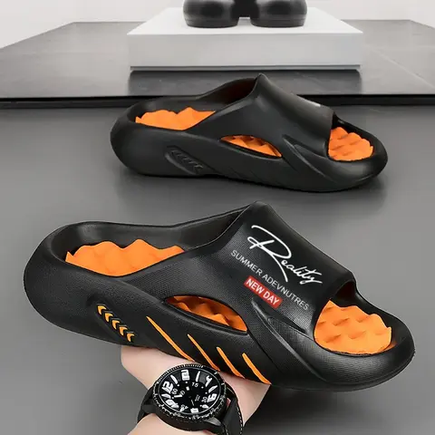 Men's Casual Indoor Outdoor Slippers Slides Soft Thick Sole Massage Footbed Anti-Slip Anti-Odor