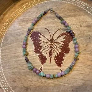17” handmade amethyst, fluorite and glass necklace