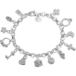 Silver Thirteen Hanging Pieces Bracelet for Women, Lucky Myth Charms Cross Heart Star Bracelets Lovers Friends Jewelry Gifts