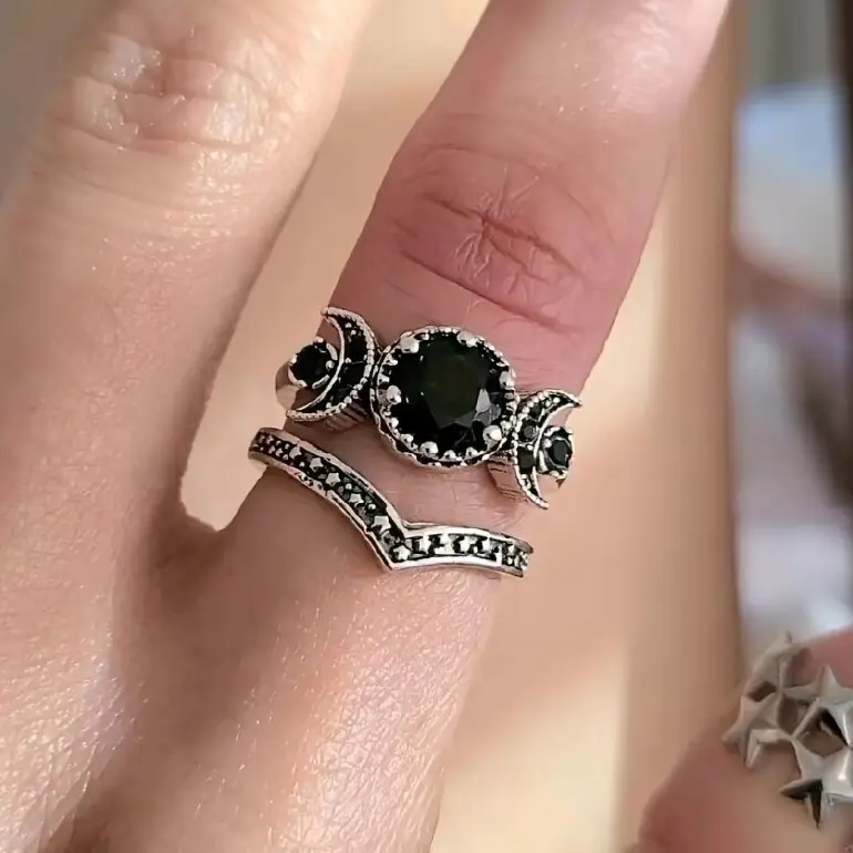 Black Crystal Triple Moon Ring Stack Set