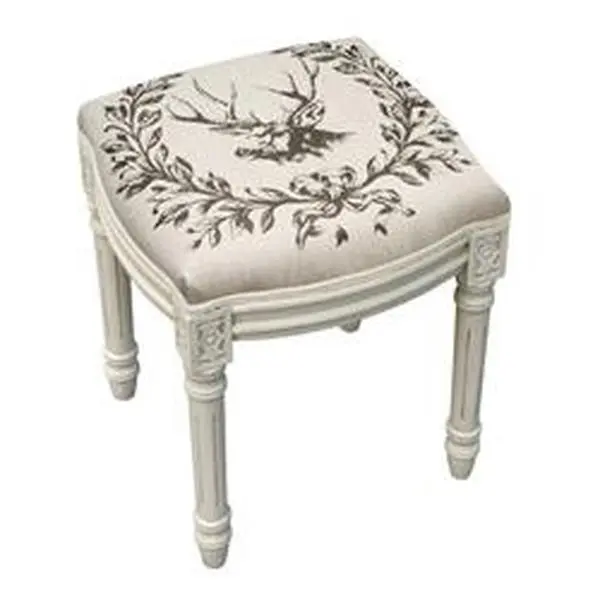 123 Creations WFS038XXGY Armless Linen-Upholstered Solid Wood Elk Vanity Stool - Antique Look, Heavy Fabric, Easy Screw-In Assembly, 12 lbs