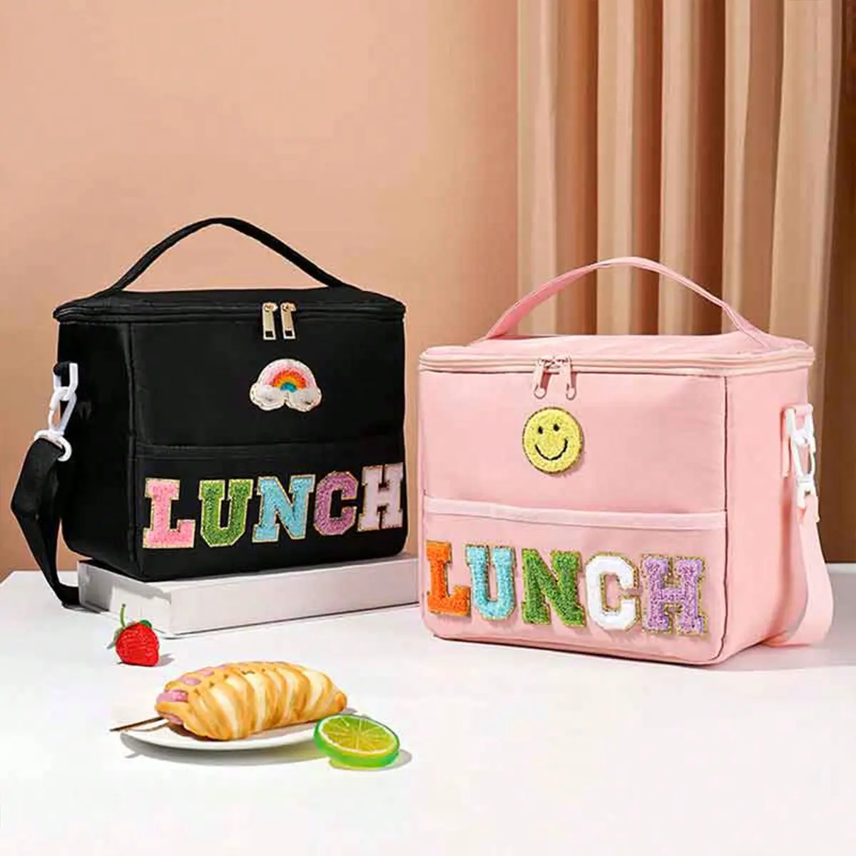 Crossbody One Shoulder Picnic Bag Large Capacity Insulated Thermal Handheld Portable for Outdoor Camping Travel Keeps Food Hot Cold for Hours Cute Chenille Letter Embroidered Meal Pouch