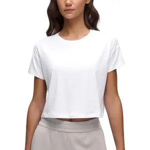 Pima Cotton Relaxed Crop T-Shirts for Women - Workout Athletic Gym Casual Short Sleeve Shirts Loose Crewneck Tops