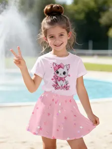 Girls Summer Fashion Set, 3D Cat Print Short Sleeve T-Shirt & Unique Skirt Two-Piece, Casual Fit, All Seasons, Essential Kids Clothing