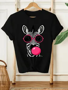 Women' Zebra Print Short-Sleeve T-Shirt - Loose Fit Round Neck Top with Zebra Stripe & Circle, Machine Washable Opaque Blouse Base Layer Shirt Suitable for Daily Commute, Casual Outfits, Year-Round Wardrobe Essential