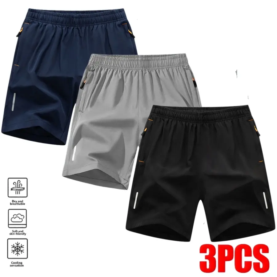 Men’s quick dry athletic shorts featuring three reflective stripes, zipper, and drawstring; suitable for night running and fitness. Dual side zippered pockets paired with orange inner details enhance practicality and visual contrast. Side reflective strip