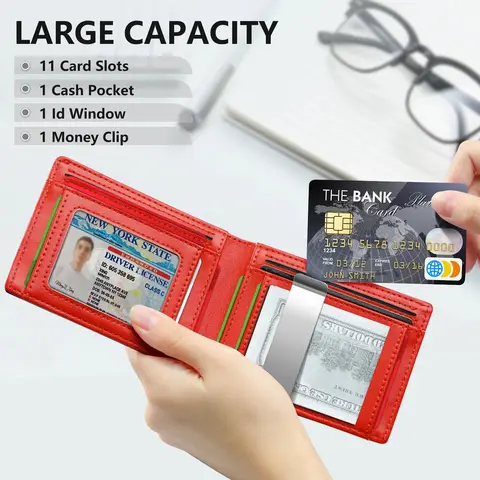 VTLASK Men's 100% Leather RFID Blocking Wallet - Leather Card Holder, 12 Card Slots, ID Window, Slim Bifold Front Pocket, Airport-Friendly, Anti-Picking, Blocks 13.56MHz Scans in Busy Crowds, Premium Gift Box - Ideal for Father's Day, Daily Use