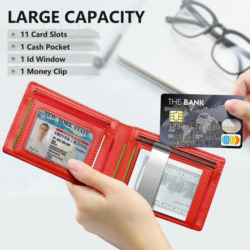 Men's Ultra-Thin RFID Blocking Leather Wallet - 12 Card Slots with ID Window, Slim Bifold Front Pocket Design, Premium Gift Box - Ideal for Father's Day, Daily Use & Back to School Essentials