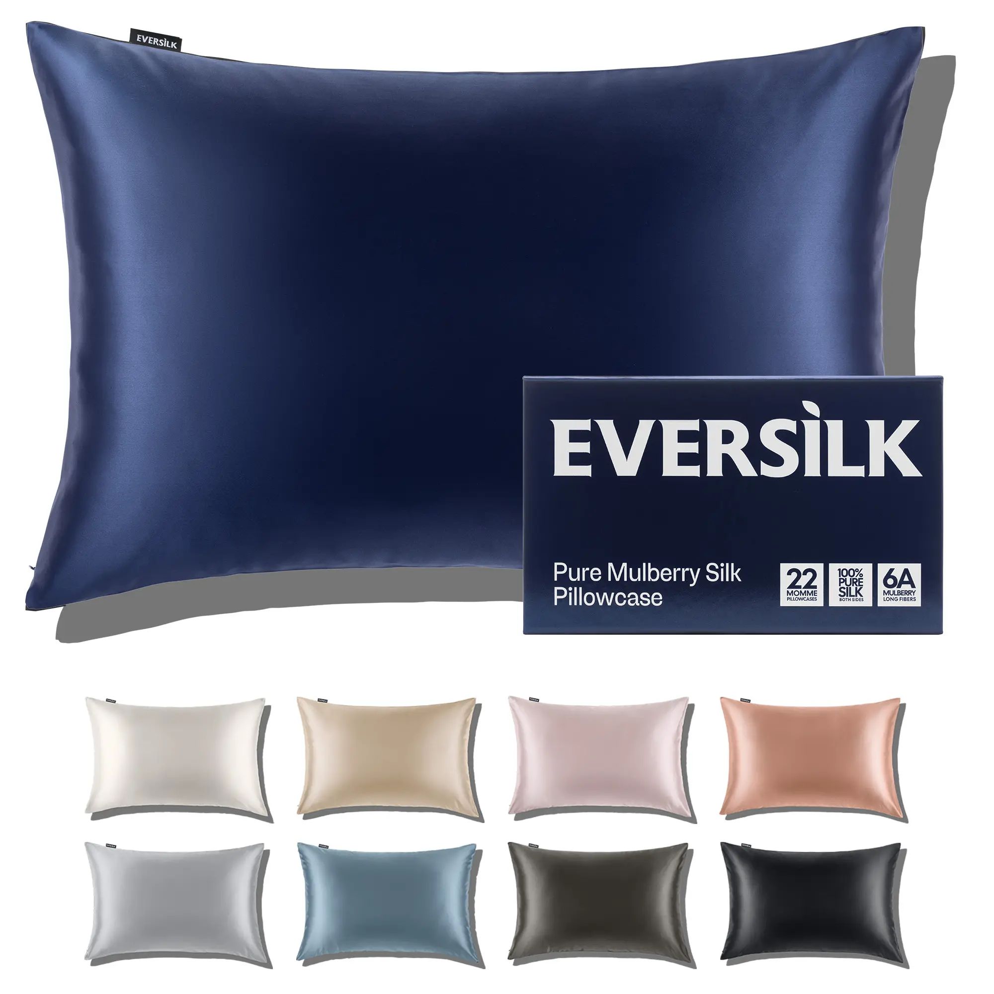 Mulberry Silk Pillowcase for Hair and Skin: 22 Momme 100% Pure Natural Silk Pillow Case with Hidden Zipper - 6A Grade Hypoallergenic Cool Pillow Cover for Sleep - 1 Pack Navy Standard in Gift Box