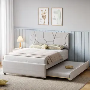 Full Size Upholstered Platform Bed with Twin Trundle Pull Out Bed Frame with Headboard Wood Slats for Guest and Kids Rooms Solid Mdf Sturdy Construction
