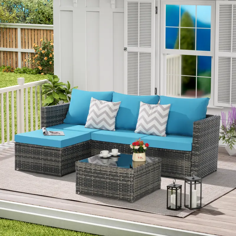 2 Pieces Patio Furniture Set,Outdoor Woven Sectional L- Shaped Patio Furniture ,Wicker Conversation Set with Ottoman, Detachable Lounger Table for Backyard Poolside