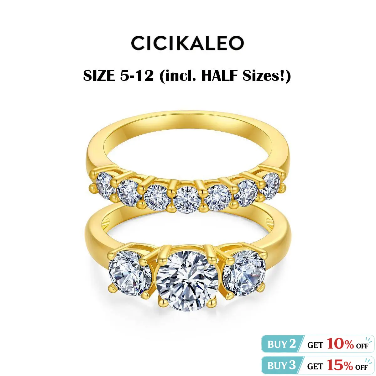 CICIKALEO 3-Stone Moissanite Rings for Women Stackable Sets Lab-Created 18K Gold 1CT Plated Wedding Band Engagement Promise Gift for Her R1 #Summervibes