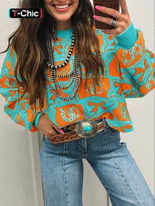Women's Western Style Bow & Horseshoe Print Sweater, Casual Long Sleeve Knitwear, Fall & Winter Fashion, Unique Design Clothes