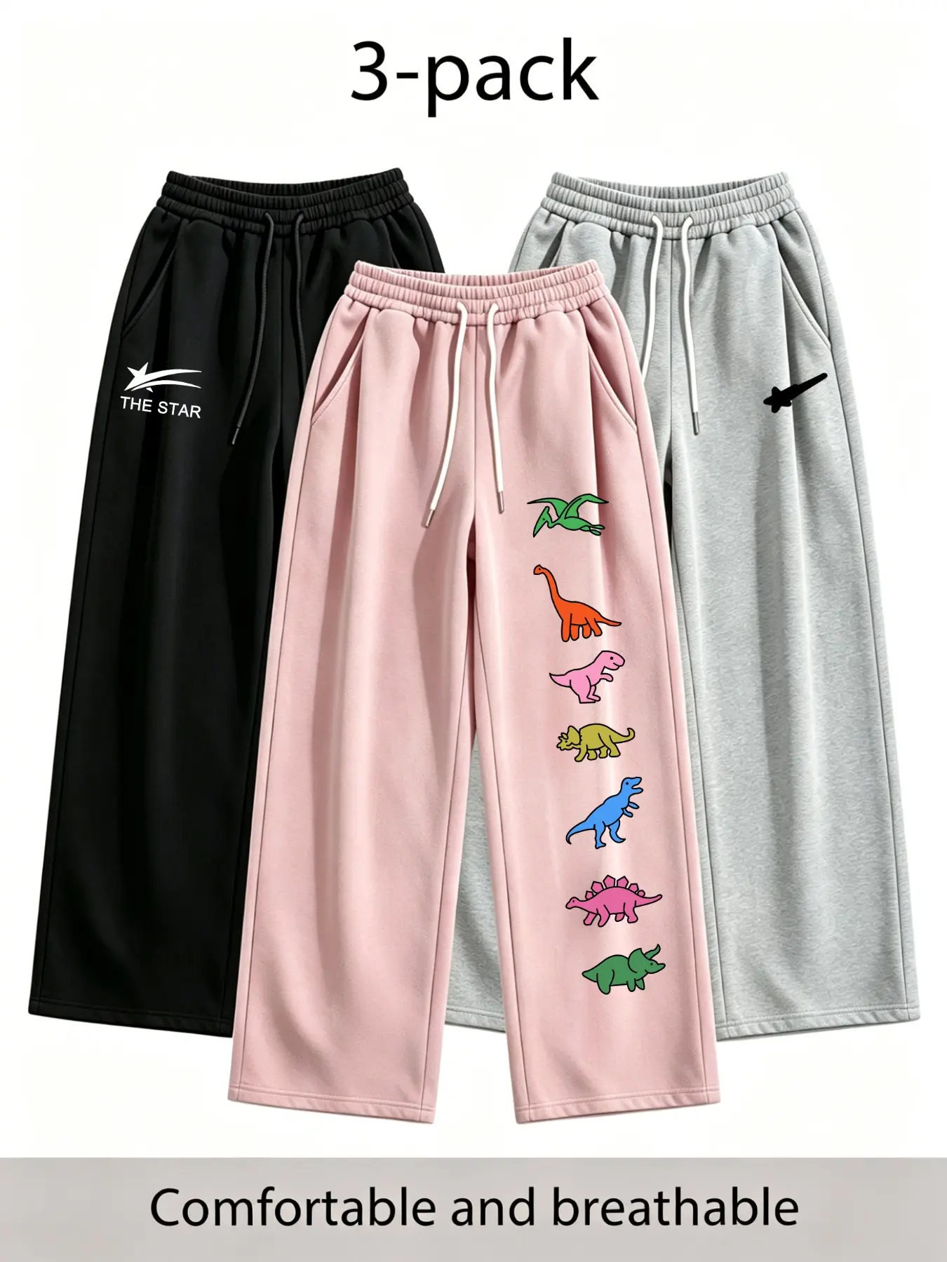 Stars Dinosaur Print Three-Piece Casual Sweatpants, Comfortable Stretch Fabric, Loose-Fit Straight Leg, Unisex, Five Sizes Available