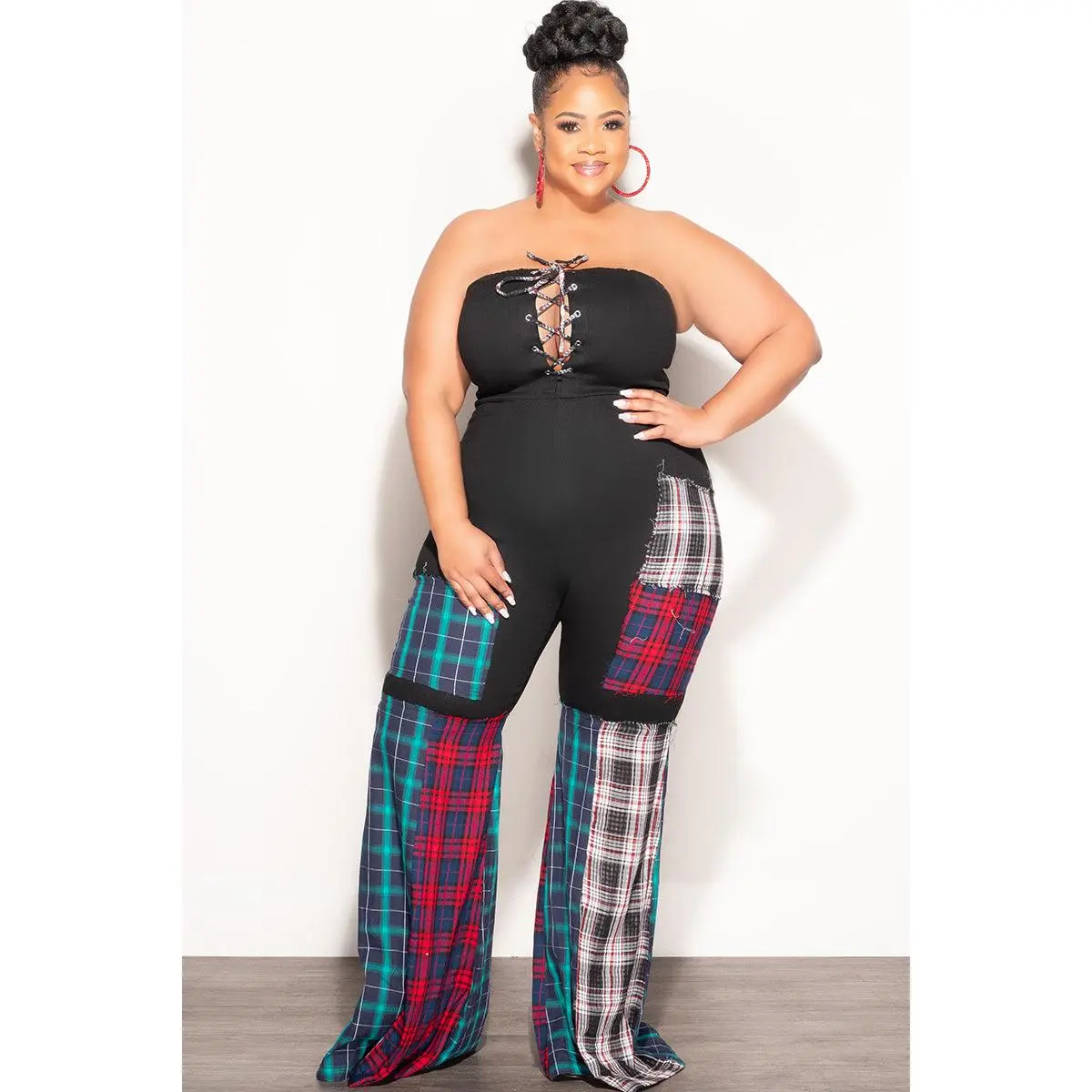 Final Sale Plus Size Strapless Lace Up Black & Multi-Color Plaid Patchwork Jumpsuit
