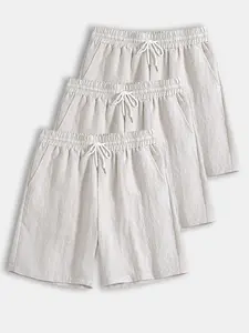 Men's Linen Blend Drawstring Elastic Waist Shorts 3 Pack, Casual Lightweight Breathable Bottoms for Summer Beach Daily Wear