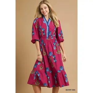 Umgee Floral Midi Dress with Ruffle Trim and Elastic Waist